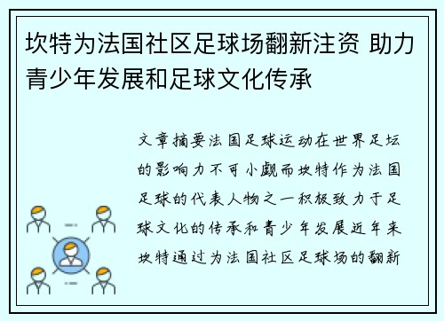 坎特为法国社区足球场翻新注资 助力青少年发展和足球文化传承